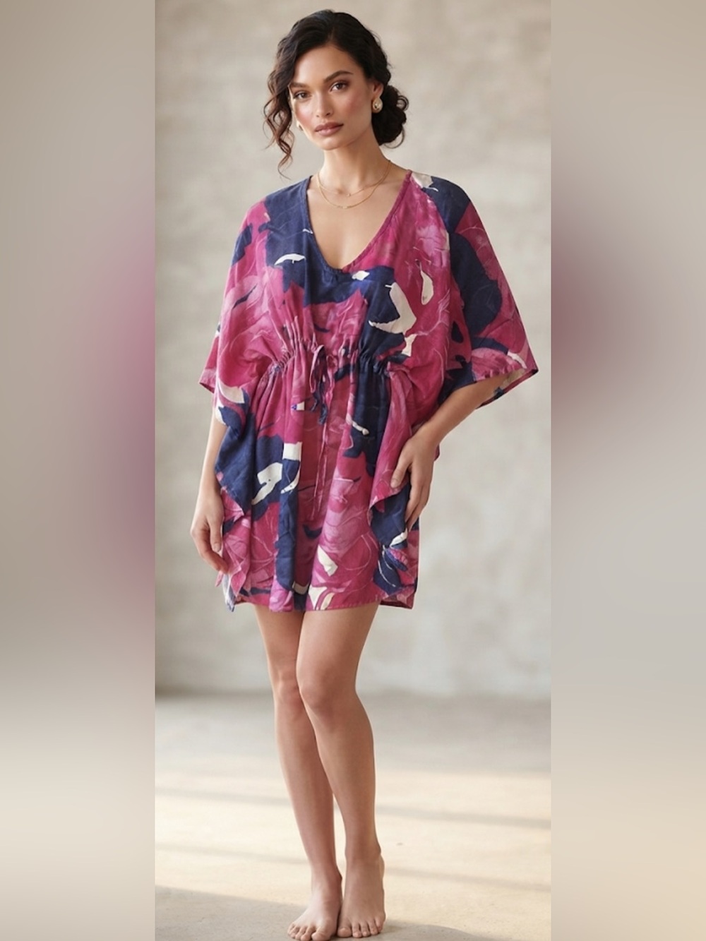 Hula Bay Hawaii Tropical V-Neck Tunic Coverup-Punk & Navy Blue Floral Size Large